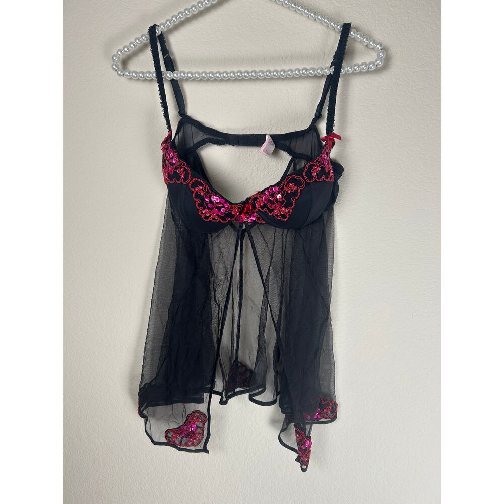 Y2K Victoria's Secret Lingerie Top Size 36B Sheer Black Pink Sequins Sexy Girly